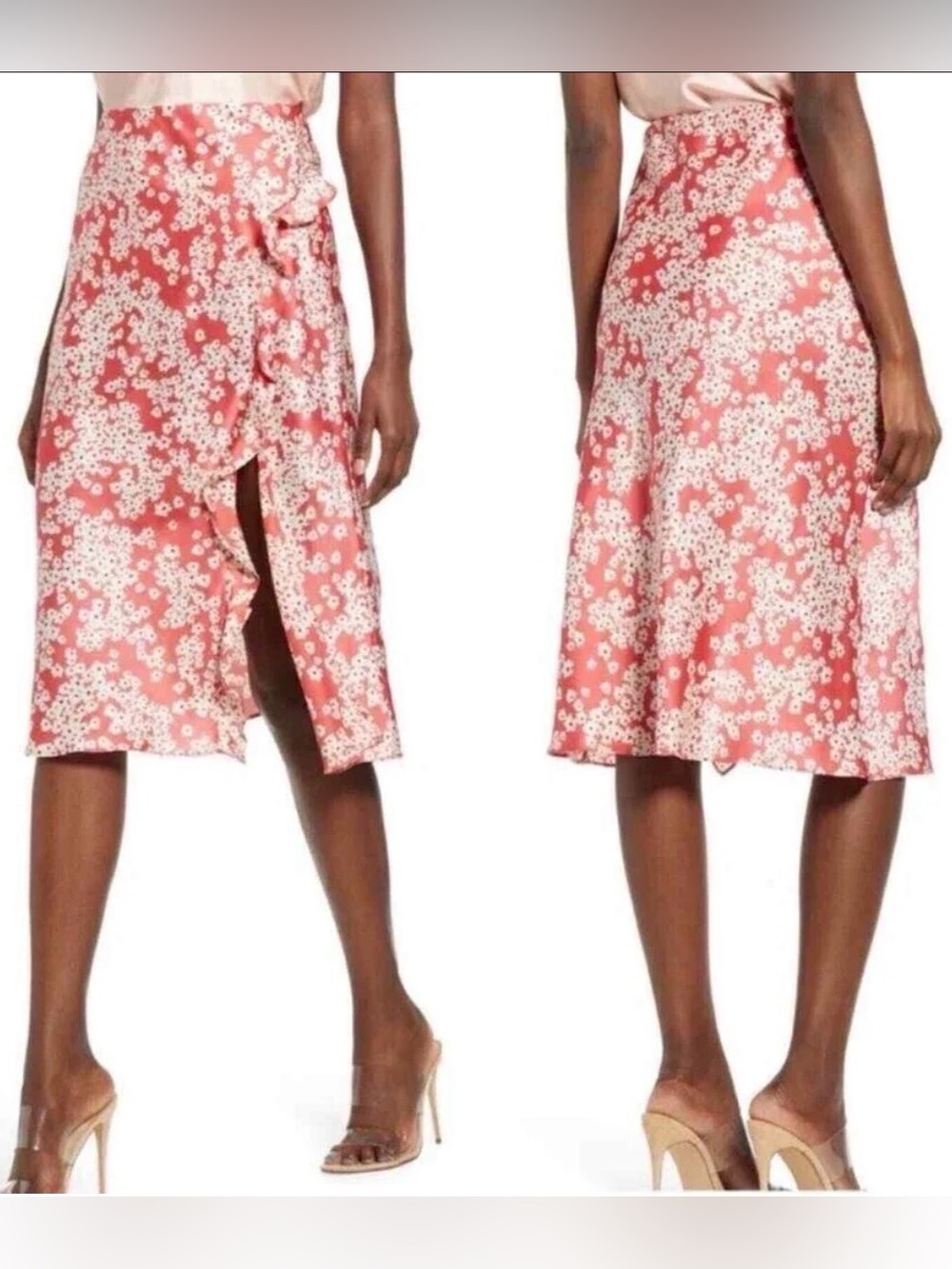 Socialite Women’s Floral Ruffle Slit Midi Skirt In Red Tan Size L